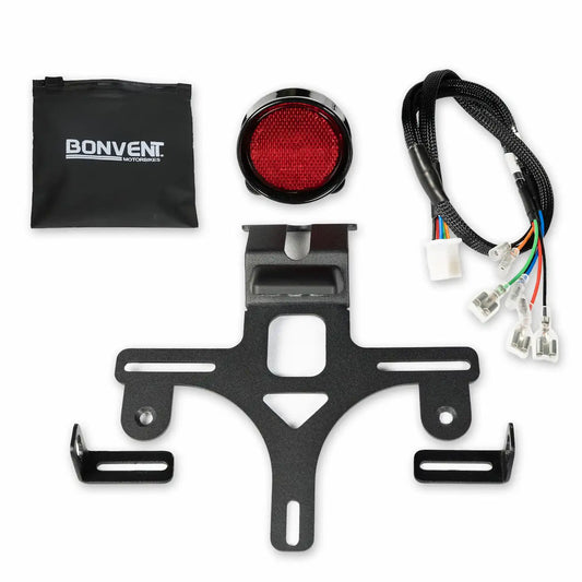 E-Mark / CE LED tail tidy kit for Royal Enfield Hunter 350 with license plate holder, plate light and plug & play factory wiring adapter.