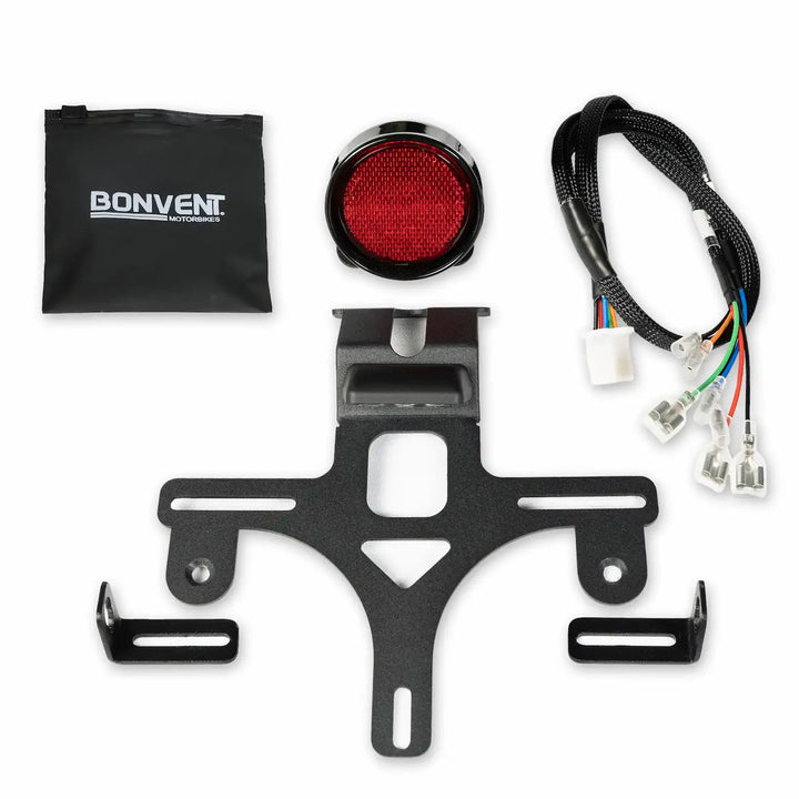 E-Mark / CE LED tail tidy kit for Royal Enfield Hunter 350 with license plate holder, plate light and plug & play factory wiring adapter.