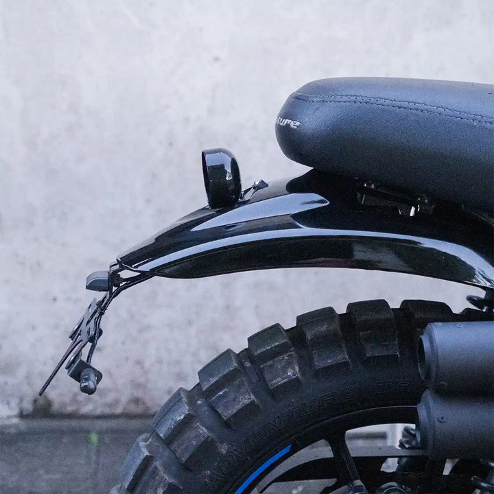 Royal Enfield Hunter 350 with stock seat and Bonvent tail tidy kit installed, showing the LED tail light and compact rear plate holder.