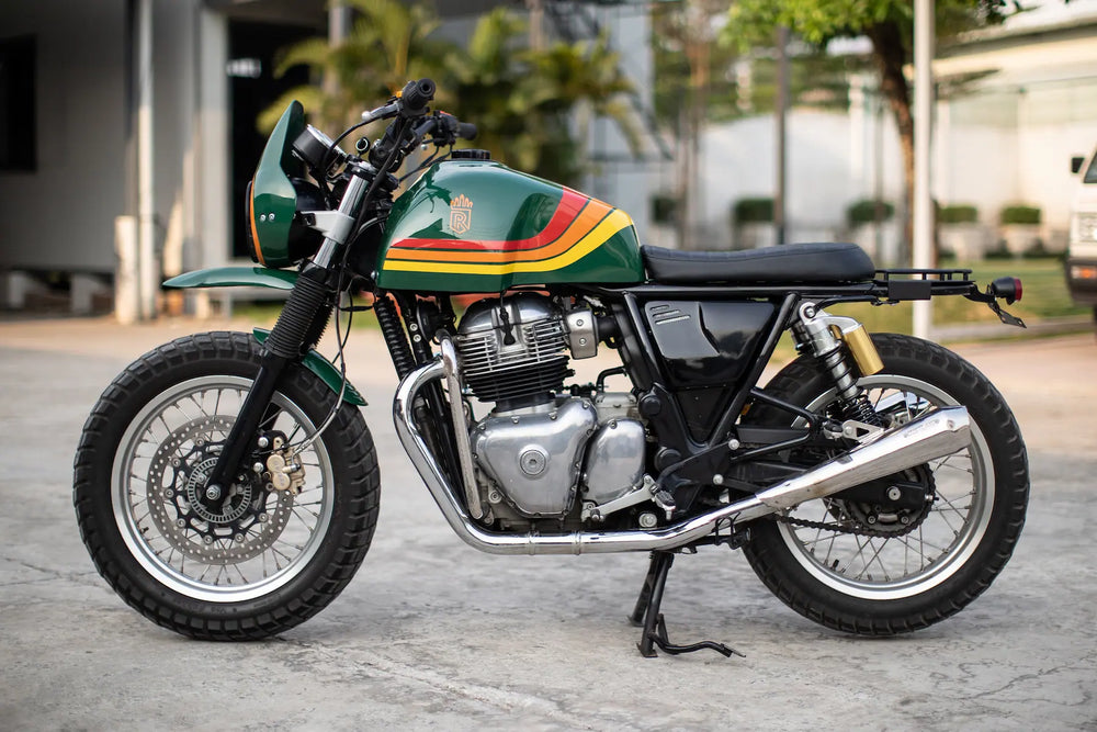 Rear side view of the British Green Interceptor 650 rally scrambler commissioned for a client in Singapore
