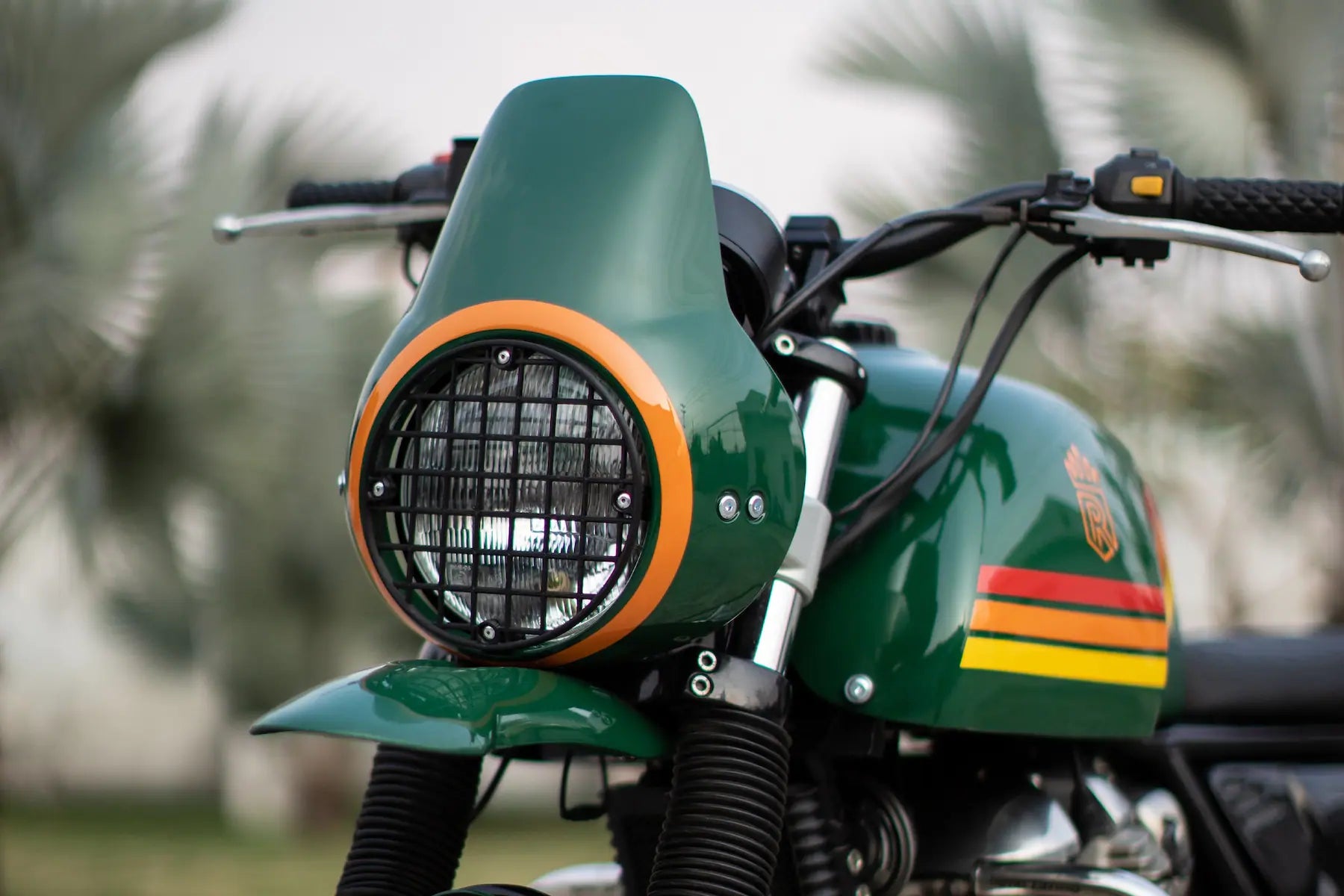 Royal Enfield Interceptor 650 fitted with a Bonvent headlight cowl and orange-ring LED headlight