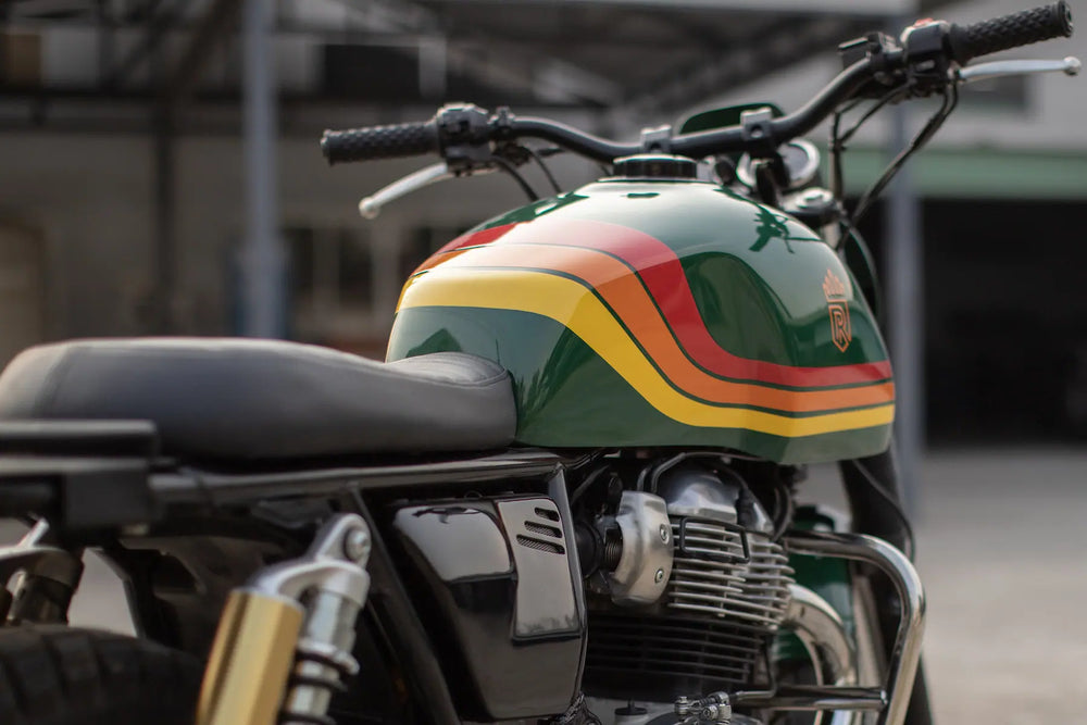 Early Bonvent modular seat prototype fitted to a British Green Royal Enfield Interceptor 650