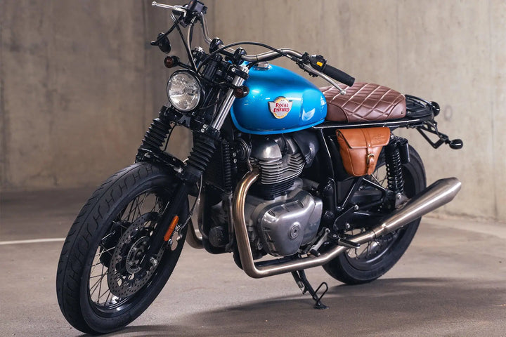 Front view of the Interceptor 650 scrambler with wide tracker handlebar and compact headlight