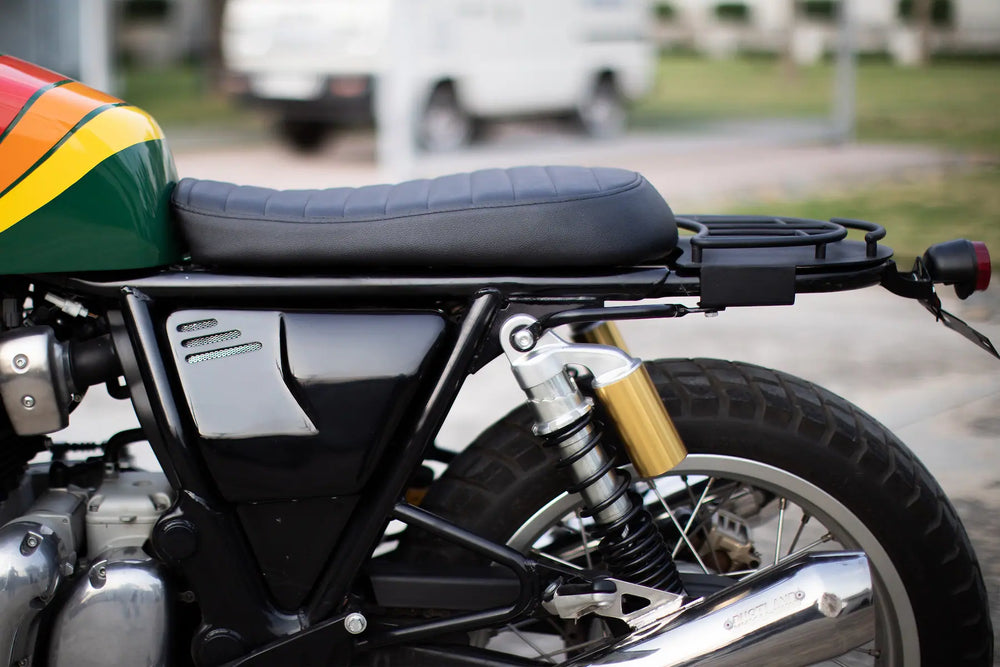 British Green Bonvent tank cover and slim side cover detail on a Royal Enfield Interceptor 650