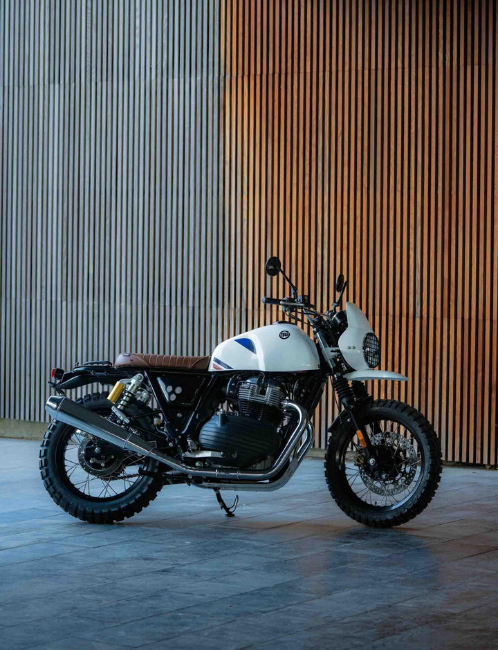 Modular luggage rack for Royal Enfield Interceptor 650. Designed for café racers and custom bikes