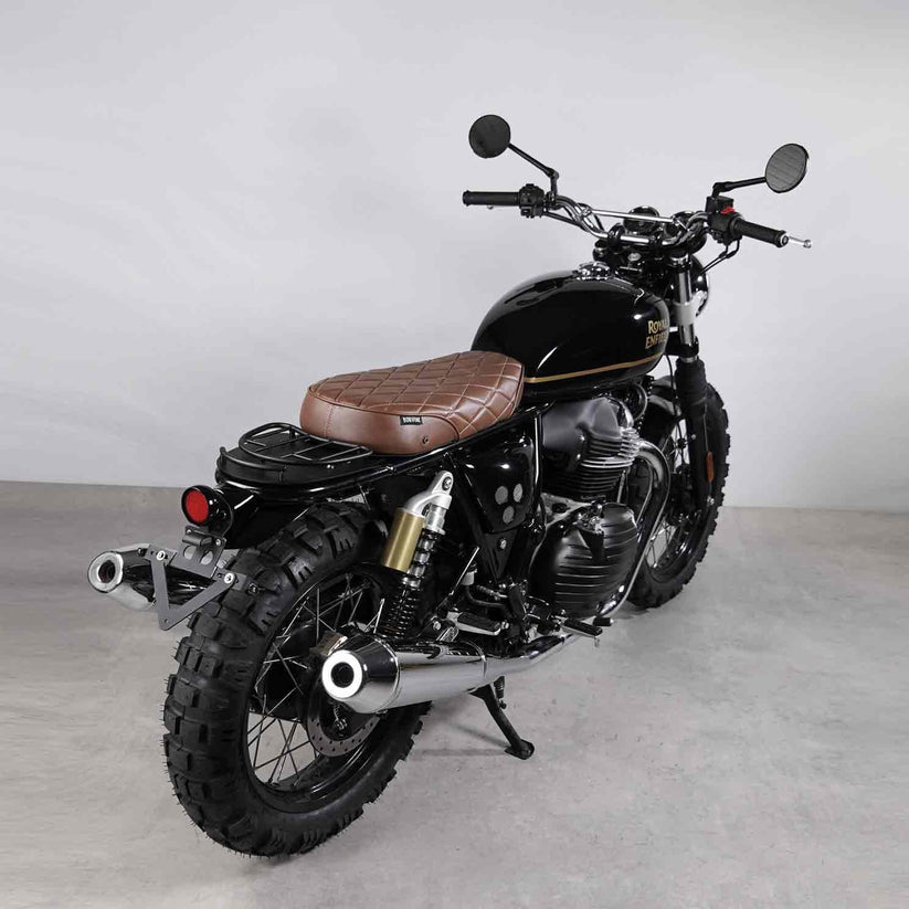 Interceptor 650 seat kit rear view with brown seat and vintage-inspired custom setup