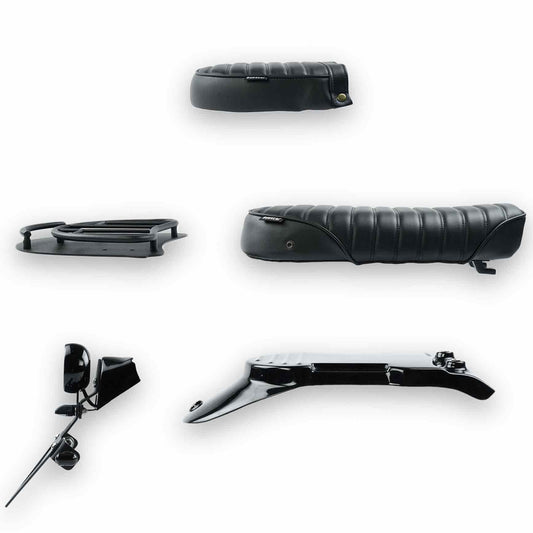 Modular seat kit for Royal Enfield Interceptor 650. Includes luggage rack, mono seat, and duo seat for custom builds