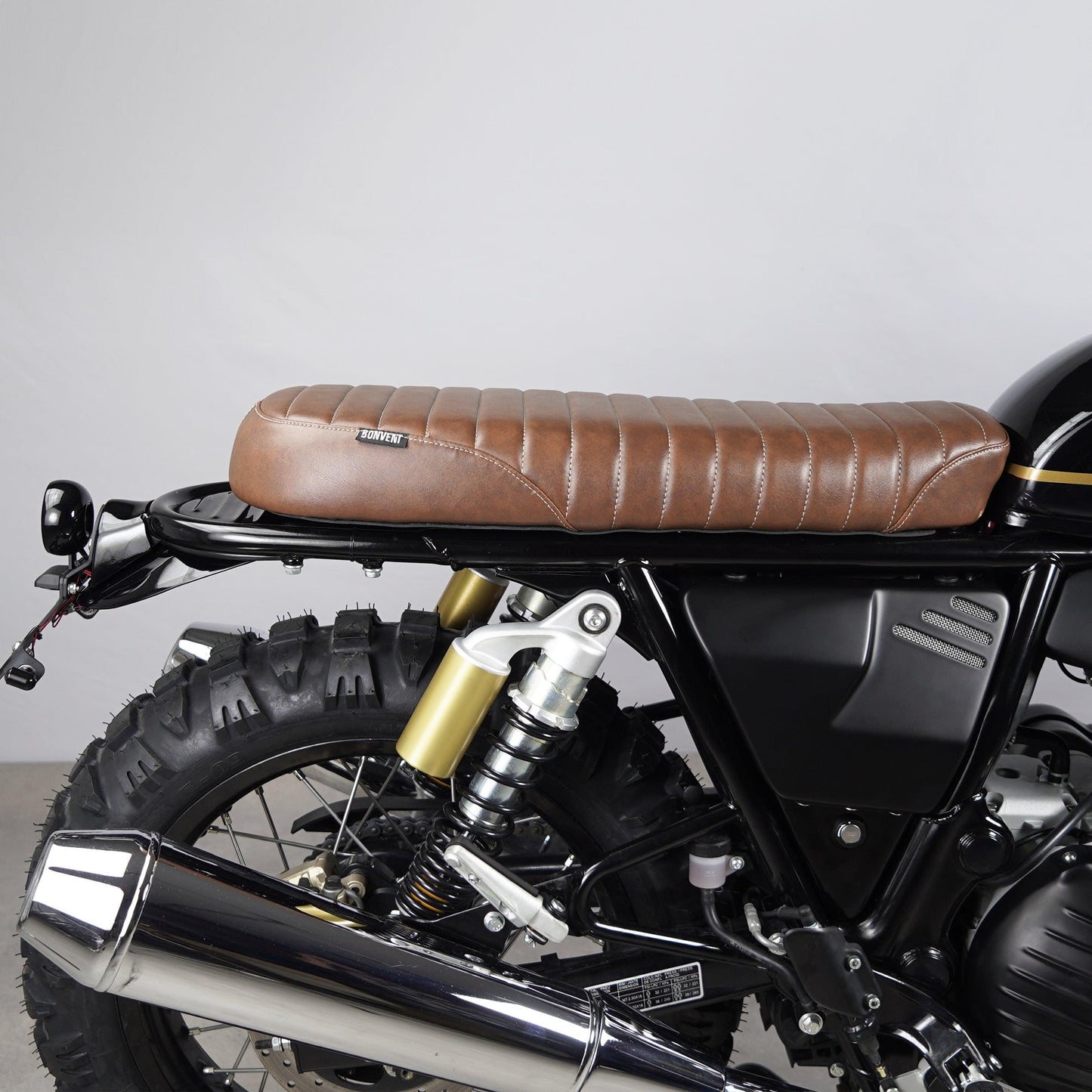 Plug and play Scrambler Seat in Brown, one of the best accessories for Royal Enfield builds