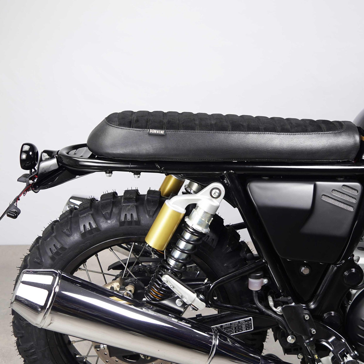 Black suede Flat Scrambler Seat for Royal Enfield Interceptor 650 and GT 650