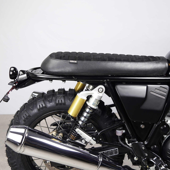 Black suede Flat Scrambler Seat for Royal Enfield Interceptor 650 and GT 650