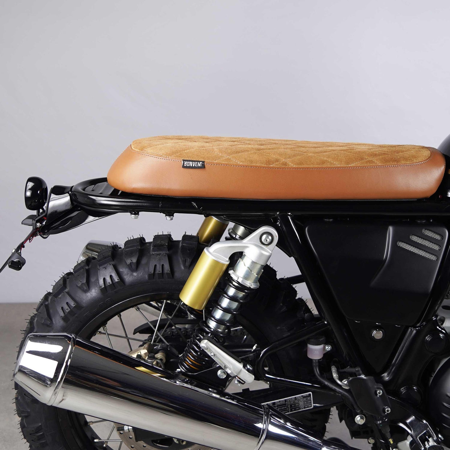 Brown diamond stitched suede Flat Scrambler Seat for Royal Enfield 650