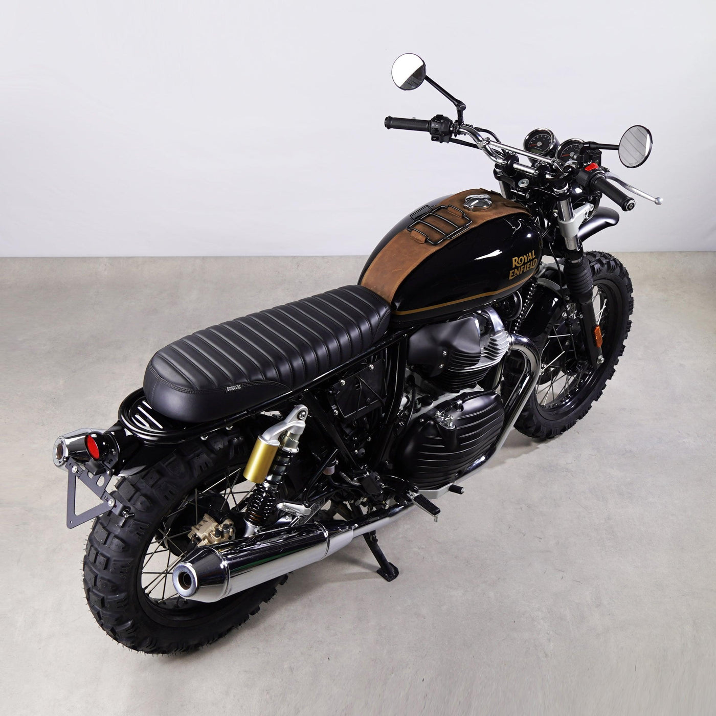 Premium leather tank strap for Royal Enfield Interceptor 650. Adds functionality and a classic look