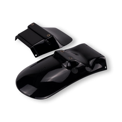 Rear view of custom rear mudguard for Royal Enfield Hunter 350 highlighting compact design and fitment