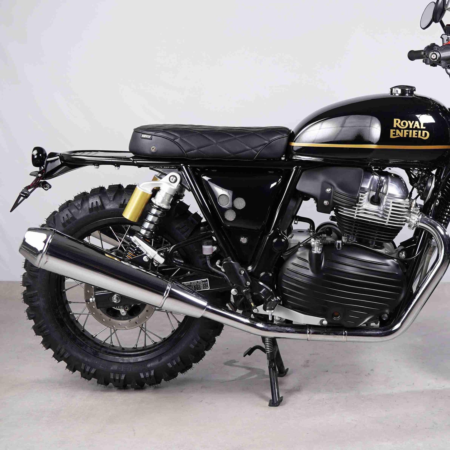 Black diamond stitched single seat installed on Royal Enfield Interceptor 650 custom build