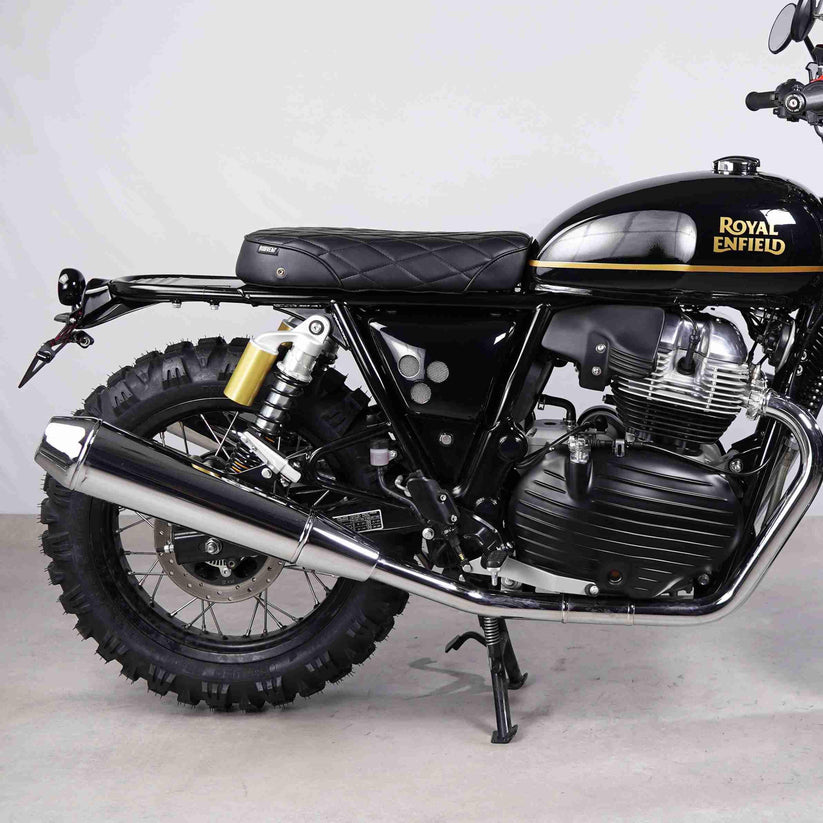 Black diamond stitched single seat installed on Royal Enfield Interceptor 650 custom build