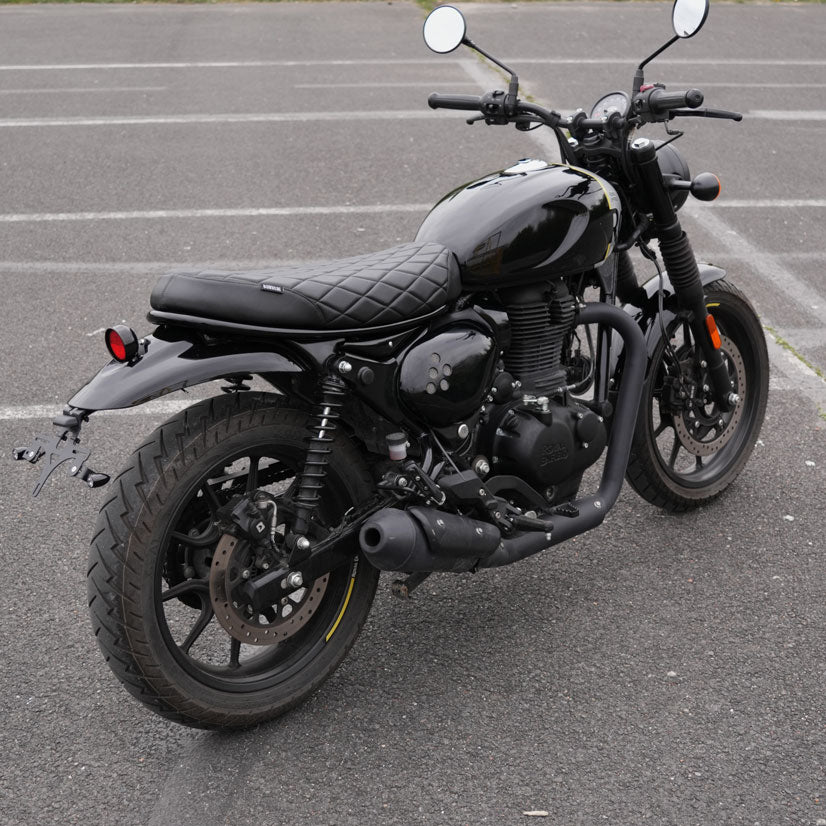 Black diamond stitched seat for Royal Enfield Hunter 350 custom cafe racer and scrambler motorcycle project