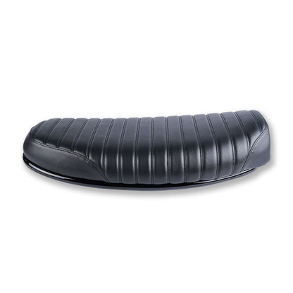 Black ribbed flat seat for Royal Enfield Hunter 350 custom cafe racer and scrambler motorcycle project