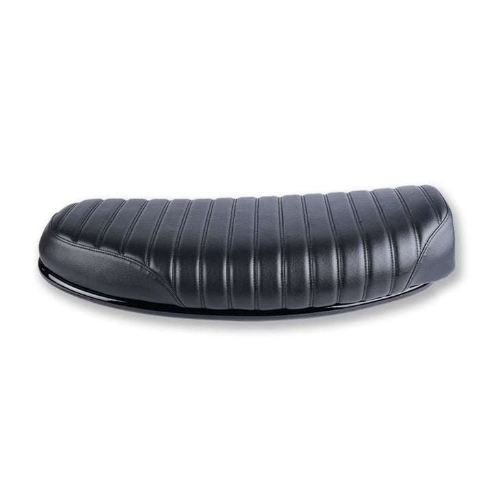 Black ribbed flat seat for Royal Enfield Hunter 350 custom cafe racer and scrambler motorcycle project