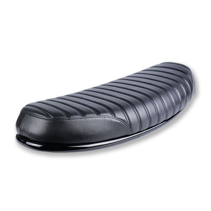 Angled view of black ribbed motorcycle seat for Royal Enfield Hunter 350 with custom scrambler styling