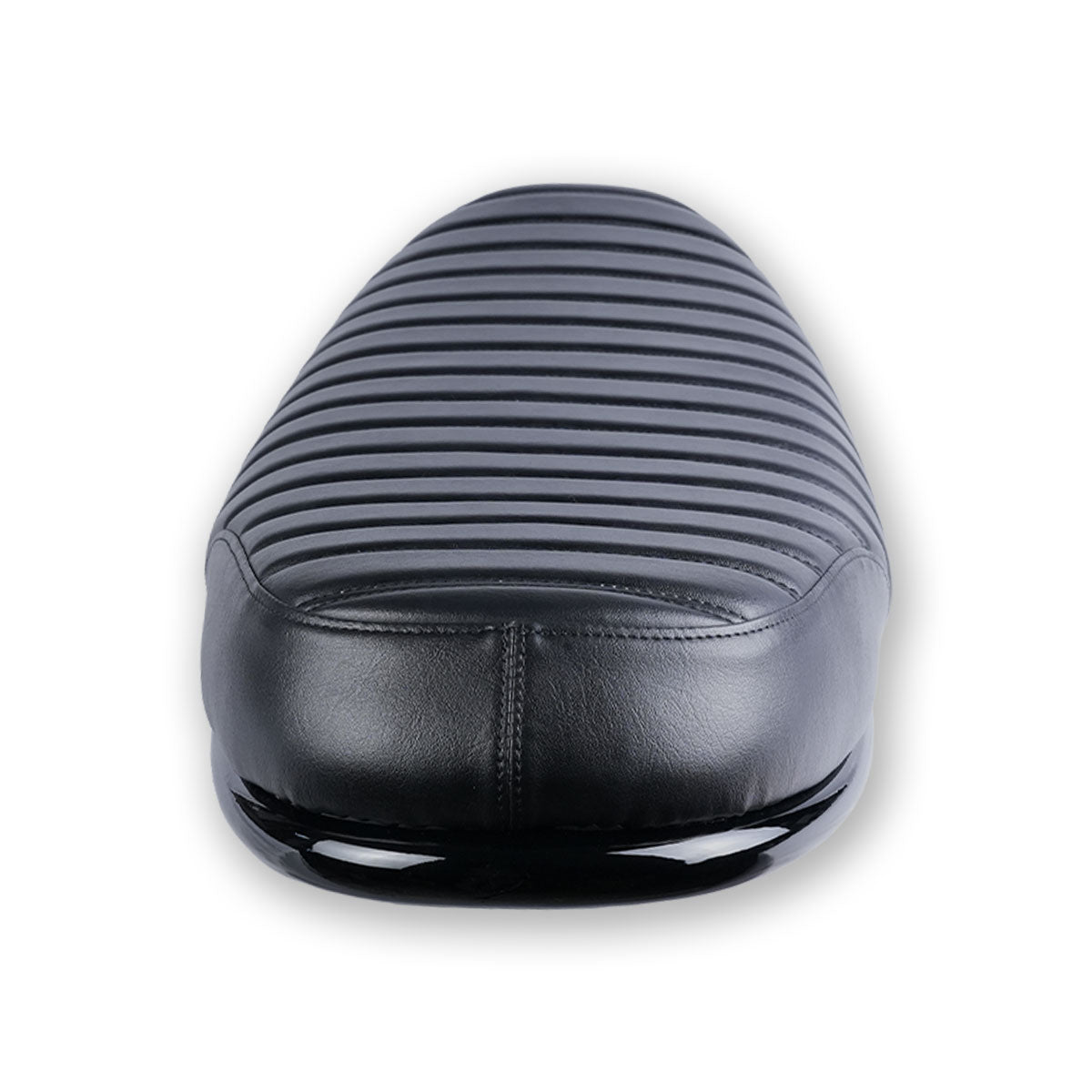 Front view of black ribbed seat for Royal Enfield Hunter 350 custom motorcycle with scrambler and cafe racer styling