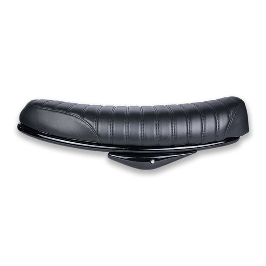 Royal Enfield Hunter 350 black ribbed seat with gloss black side panels for scrambler custom build