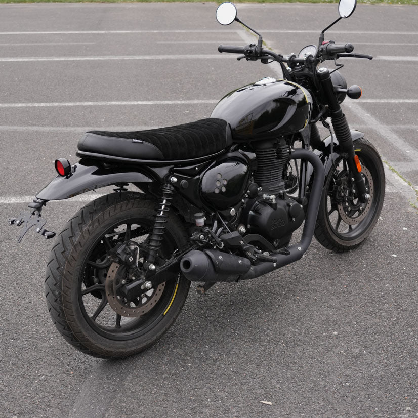 Black ribbed suede and leather motorcycle seat for Royal Enfield Hunter 350 cafe racer and scrambler custom build