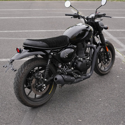 Black ribbed suede and leather motorcycle seat for Royal Enfield Hunter 350 cafe racer and scrambler custom build