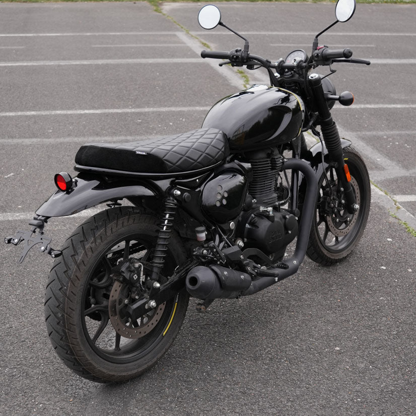Black suede diamond stitched motorcycle seat for Royal Enfield Hunter 350 handcrafted custom accessories and mods