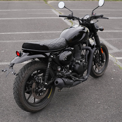 Black suede diamond stitched motorcycle seat for Royal Enfield Hunter 350 handcrafted custom accessories and mods