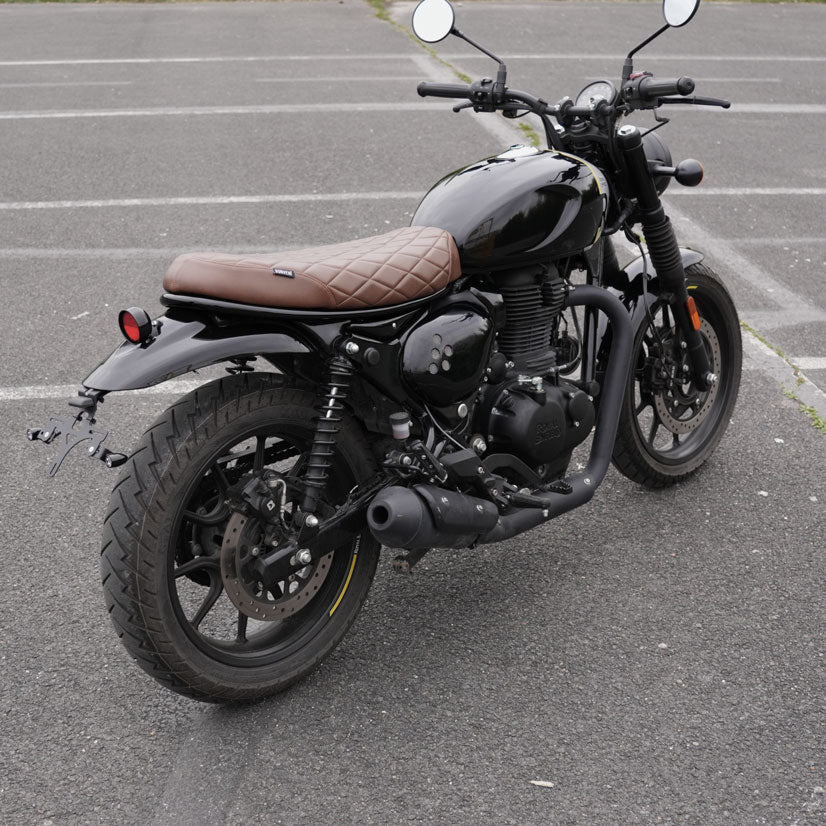 Brown diamond stitched seat installed on Royal Enfield Hunter 350 custom scrambler and cafe racer motorcycle