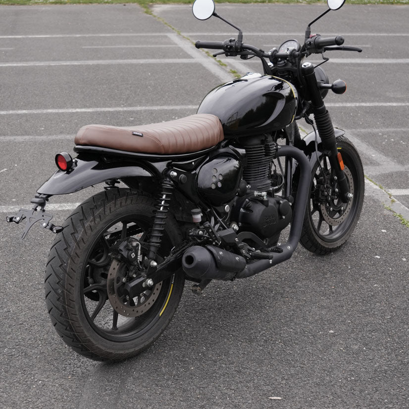 Brown ribbed flat seat installed on Royal Enfield Hunter 350 custom scrambler motorcycle with cafe racer style custom parts and accessories by Bonvent