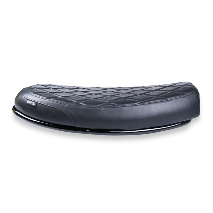 Black diamond stitched off-road inspired flat seat for Royal Enfield Hunter 350 custom motorcycle build