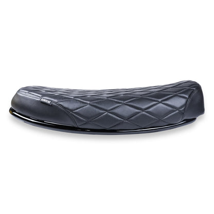 Black diamond stitched flat seat for Royal Enfield Hunter 350 custom motorcycle build