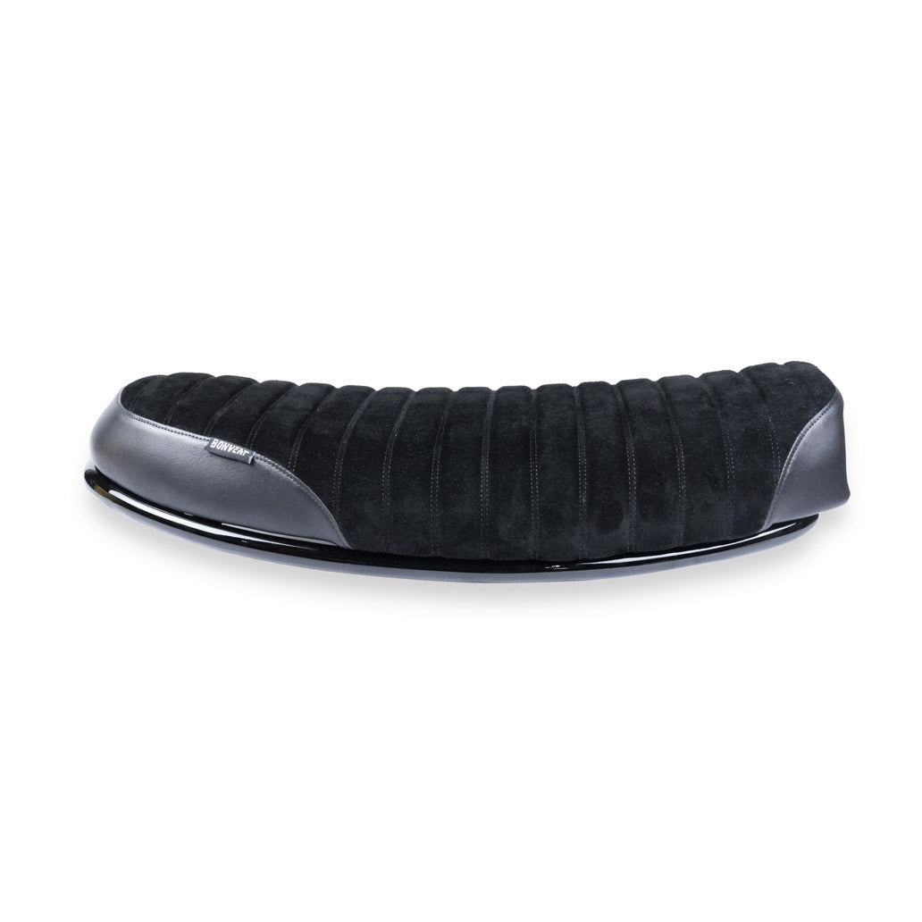 Black ribbed suede and leather flat seat for Royal Enfield Hunter 350 scrambler build
