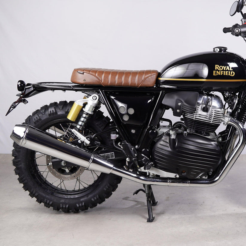 Royal Enfield Interceptor 650 with brown ribbed single seat installed for a vintage custom build