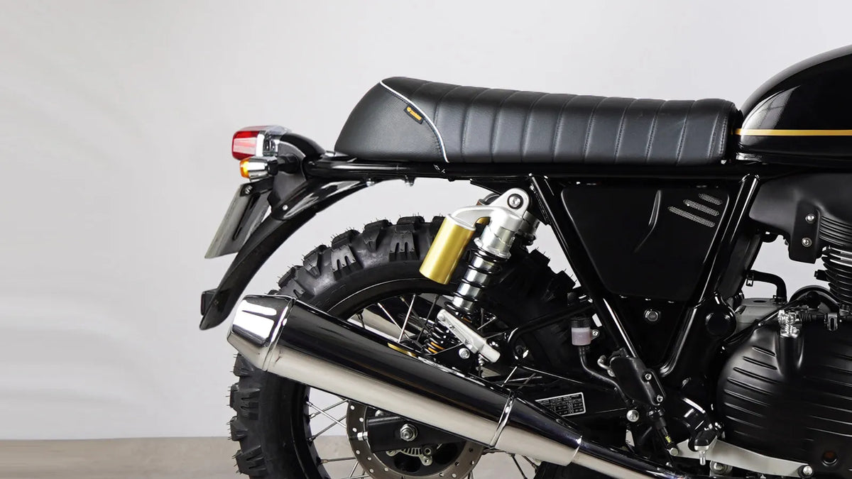 Stock rear end of a Royal Enfield Interceptor 650 before installing the Bonvent tail tidy kit