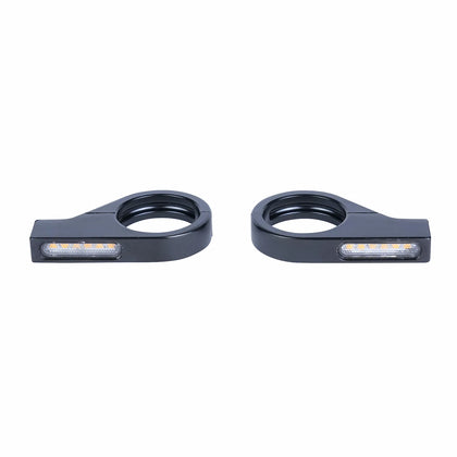 Pair of satin black motorcycle indicators with circular fork-tube mounts and slim clear LED lenses, shown from the front on white.