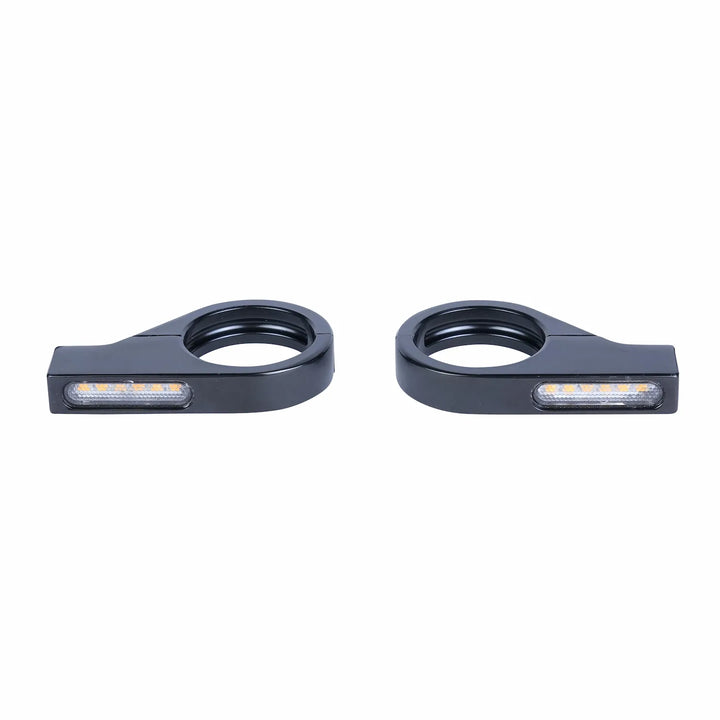 Pair of satin black motorcycle indicators with circular fork-tube mounts and slim clear LED lenses, shown from the front on white.