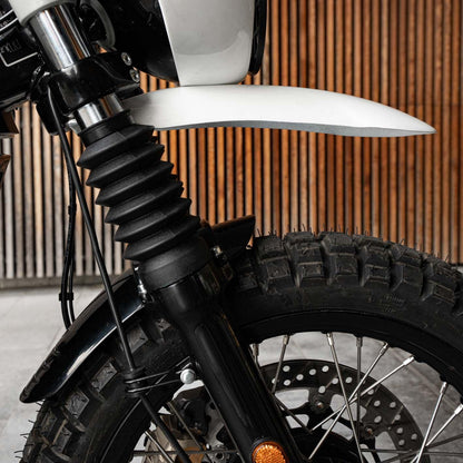 Scrambler accessory high-mount mudguard for Royal Enfield motorcycles. Perfect for retro builds