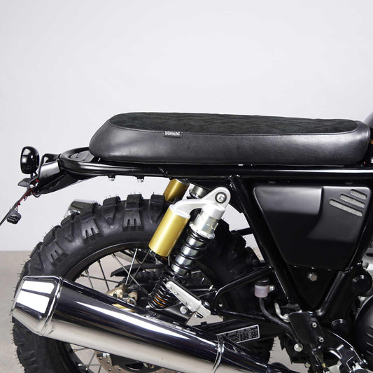 Scrambler seat with black diamonds suede design for Royal Enfield Interceptor 650. Vintage look