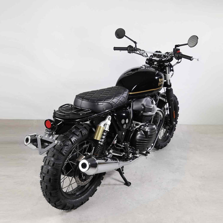 Scrambler seat kit for Royal Enfield Interceptor 650 and Continental GT 650. Stylish and road-compliant.