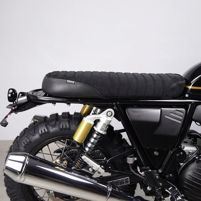 Scrambler seat for Royal Enfield GT 650 with premium leather and suede materials. Crafted by Bonvent