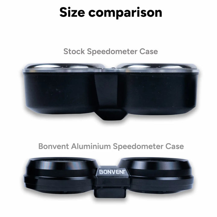 Size comparison between OEM Triumph speedometer case and Bonvent mini aluminium housing