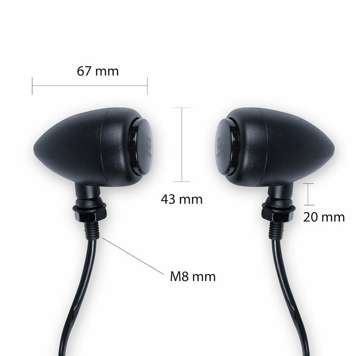 Pair of black smoked bullet turn signals with wiring, shown with 67 mm length, 43 mm width, 20 mm stem and M8 threaded mounts.