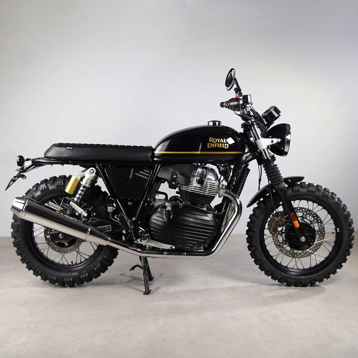 Black suede Flat Scrambler Seat on Royal Enfield Interceptor 650