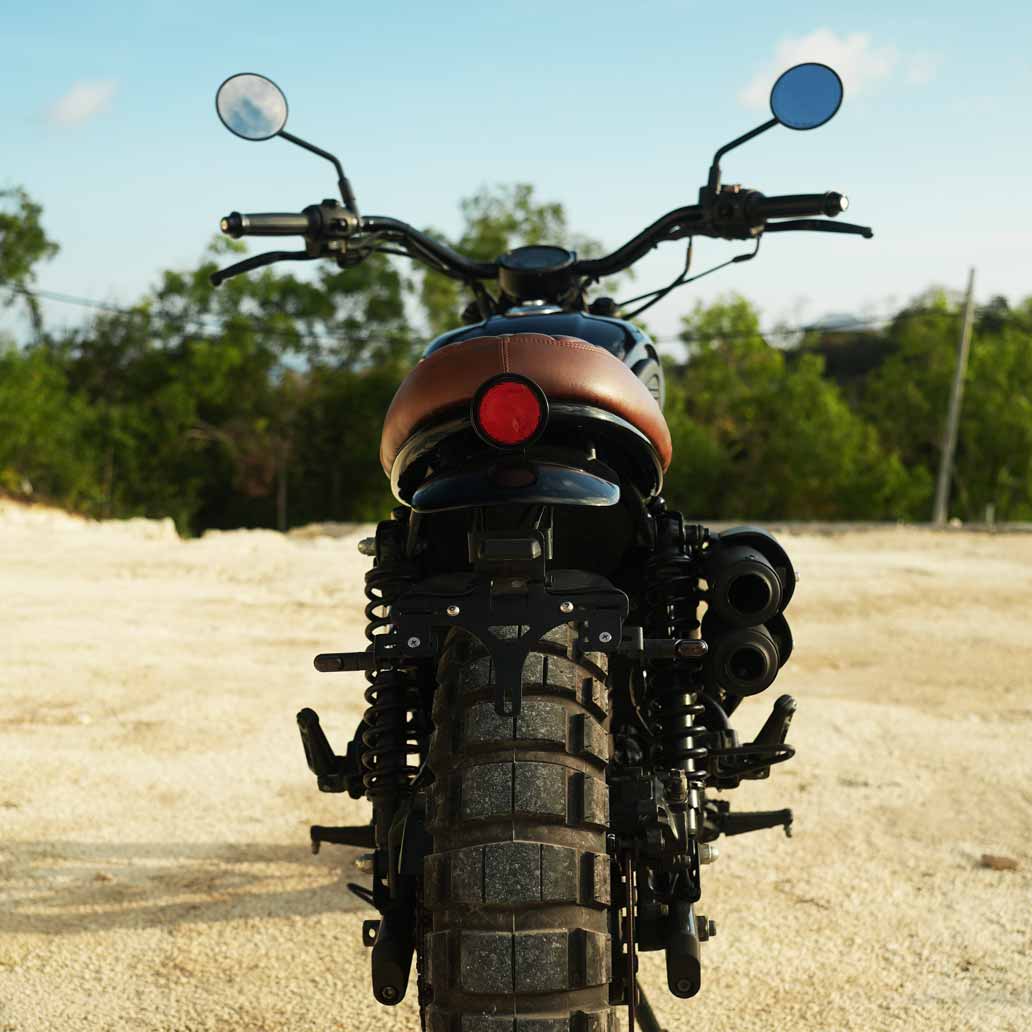 Rear view of Royal Enfield Hunter 350 with taillight eliminator installed showing clean and compact rear design