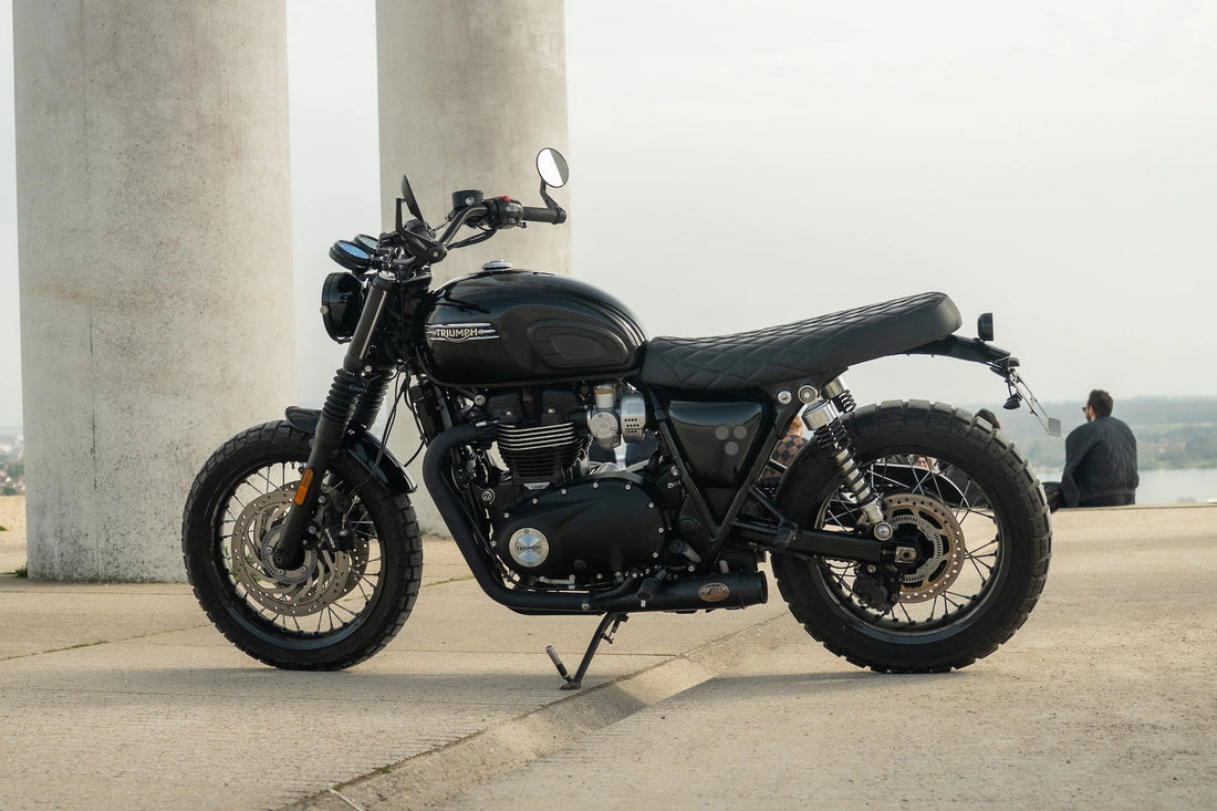 Side profile of a black 2024 Triumph Bonneville T120 custom build with Bonvent parts