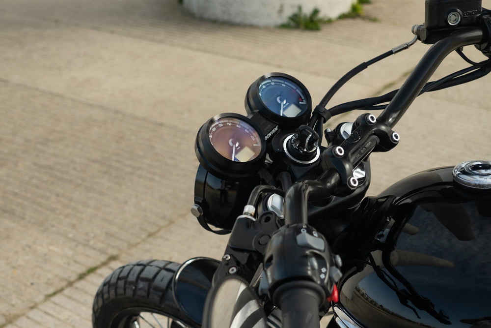 CNC aluminium Bonvent mini speedometer housing in the cockpit of a Triumph Bonneville T120