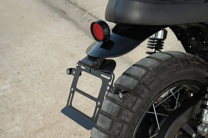 Short rear fender with integrated LED tail light and license plate holder on a Triumph Bonneville T120