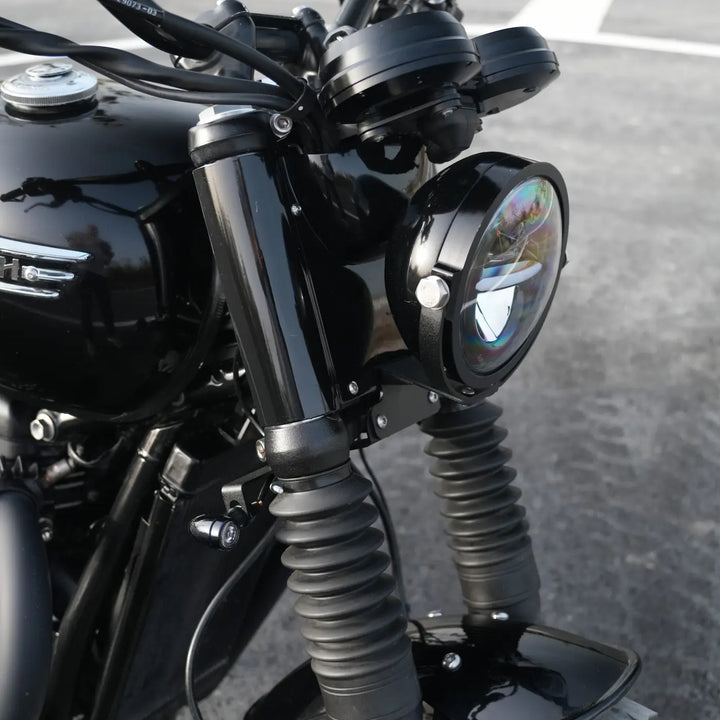 CNC-machined matte black front indicator bracket for Triumph modern classics